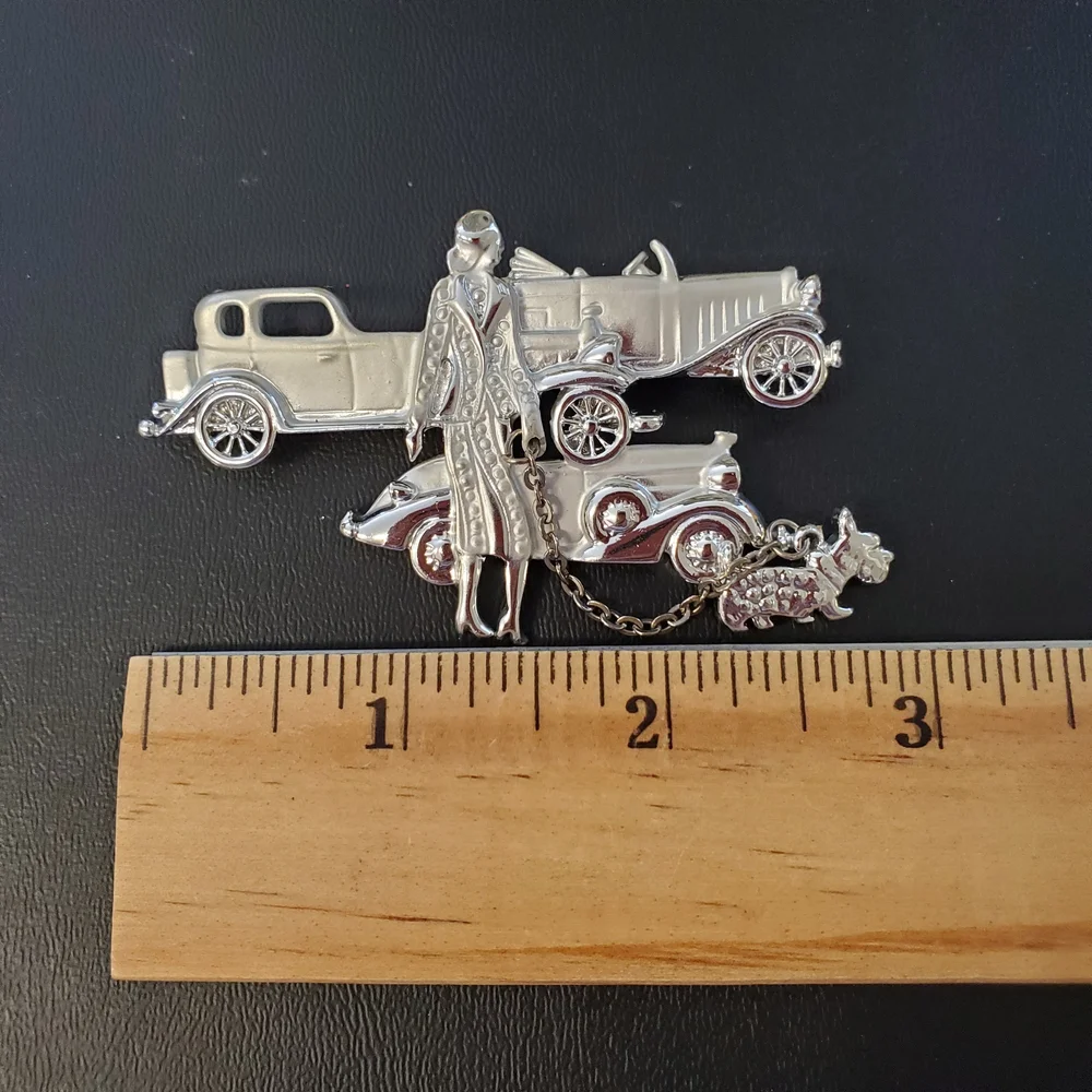 Vintage Style Silver-tone Brooch with Cars and Lady